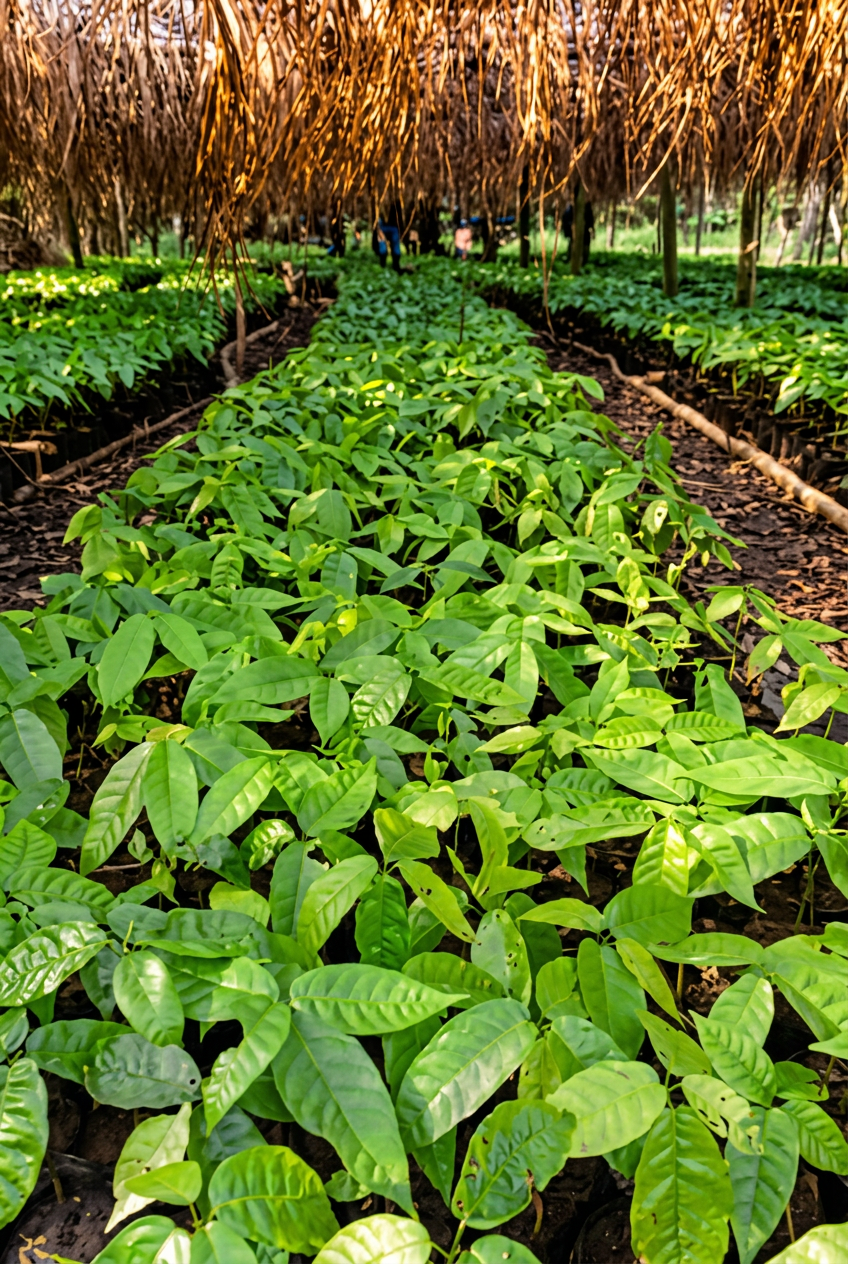 Young cacao seedlings growing in a shaded nursery, Sierra Leone