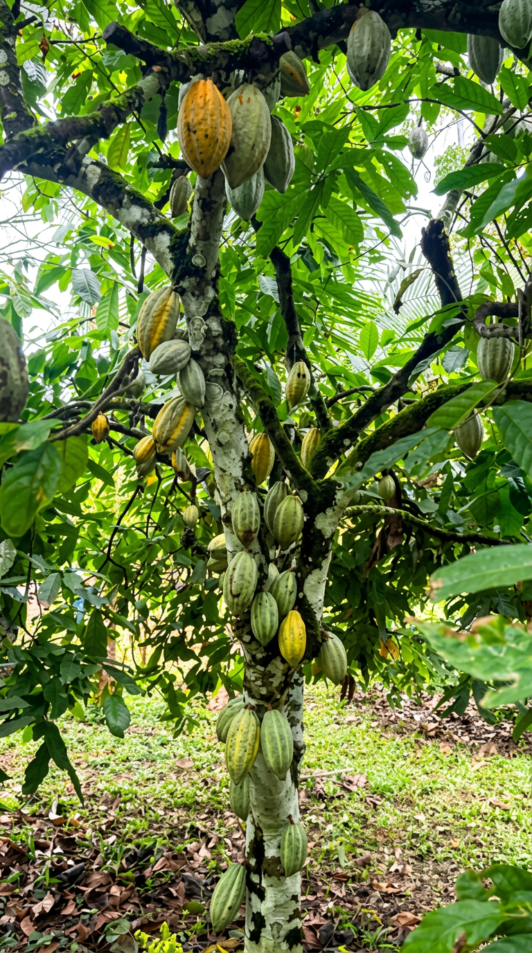 Mature cacao tree heavy with ripening pods on a member farm, Sierra Leone